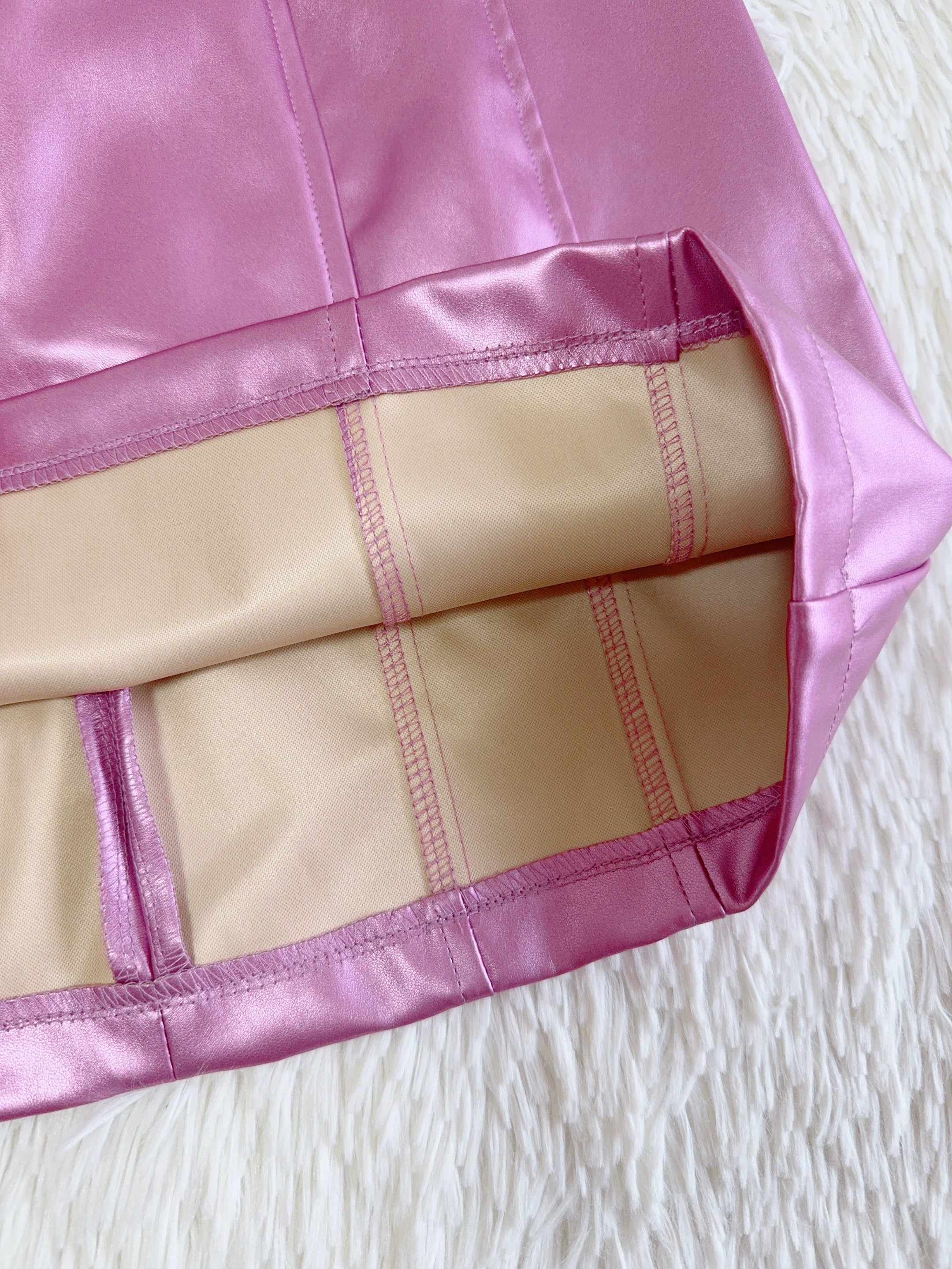 pink glossy chest wrap mini dress