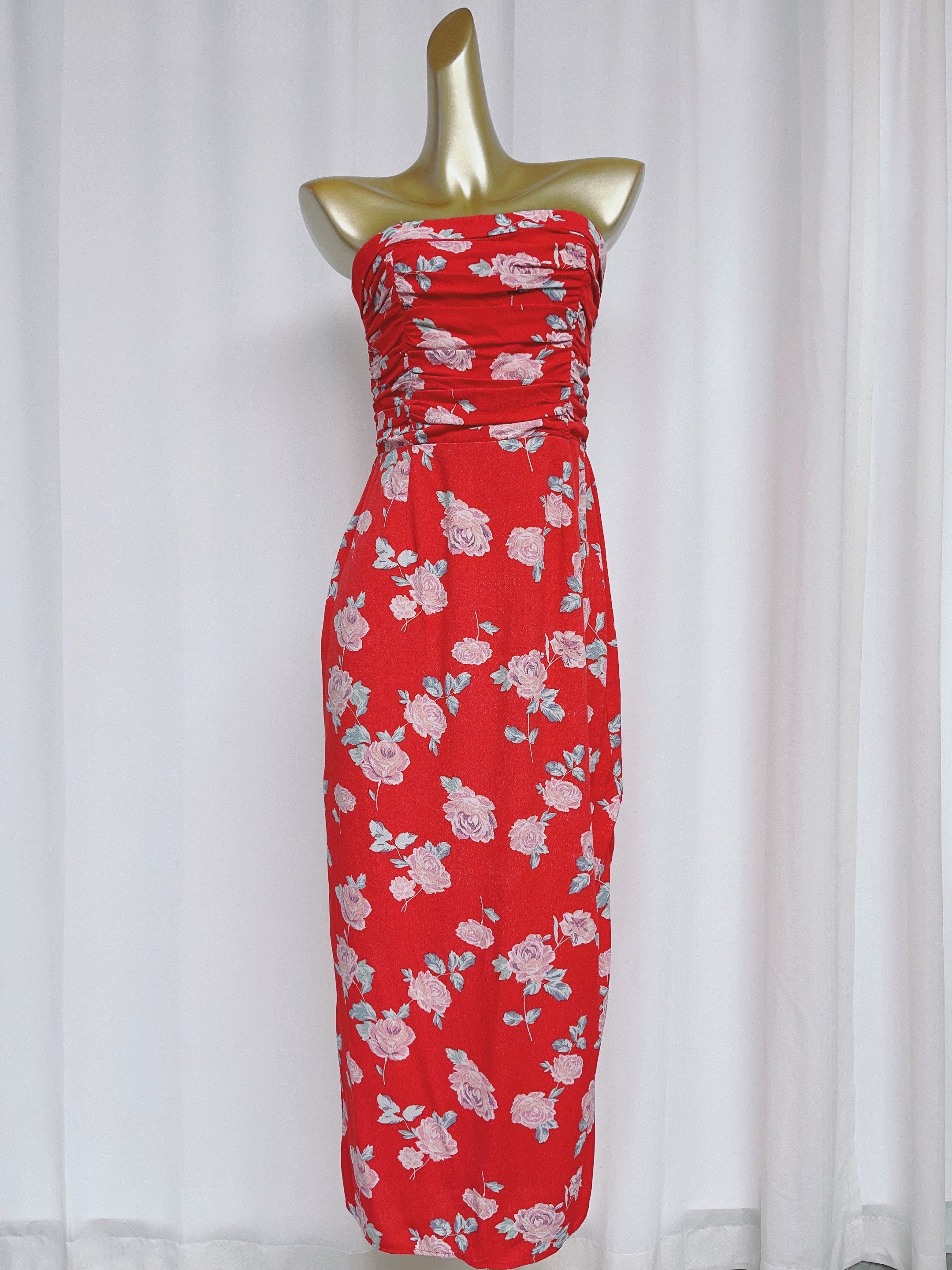 red floral pleated waist slit bandeau dress