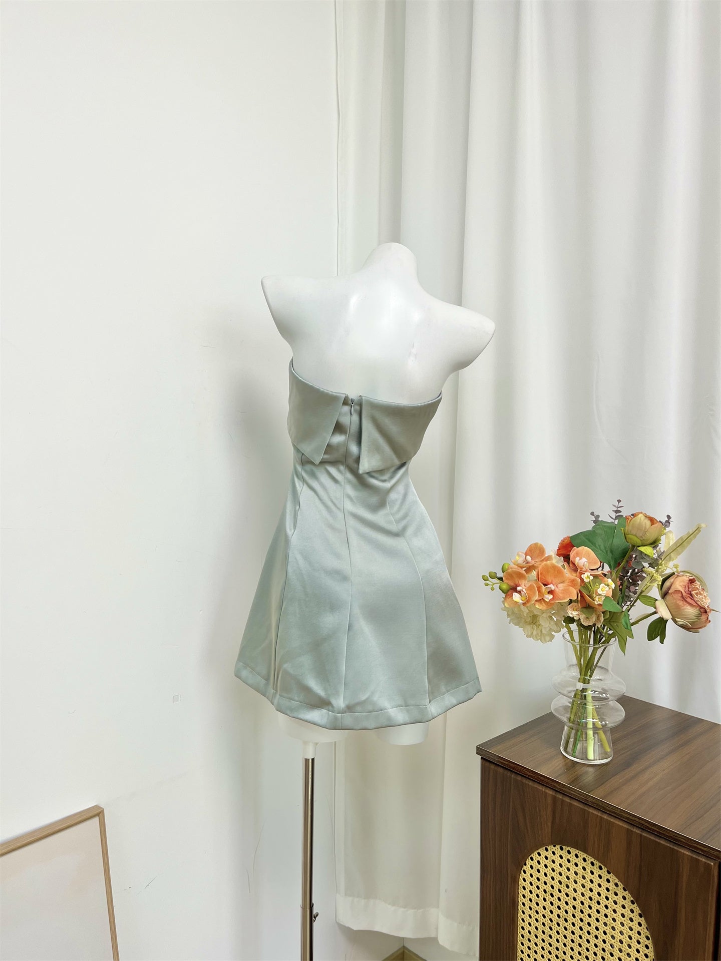 green satin bandeau mini dress