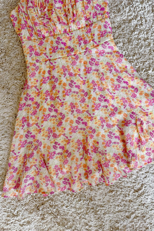 floral bow lace-up pleated camisole dress