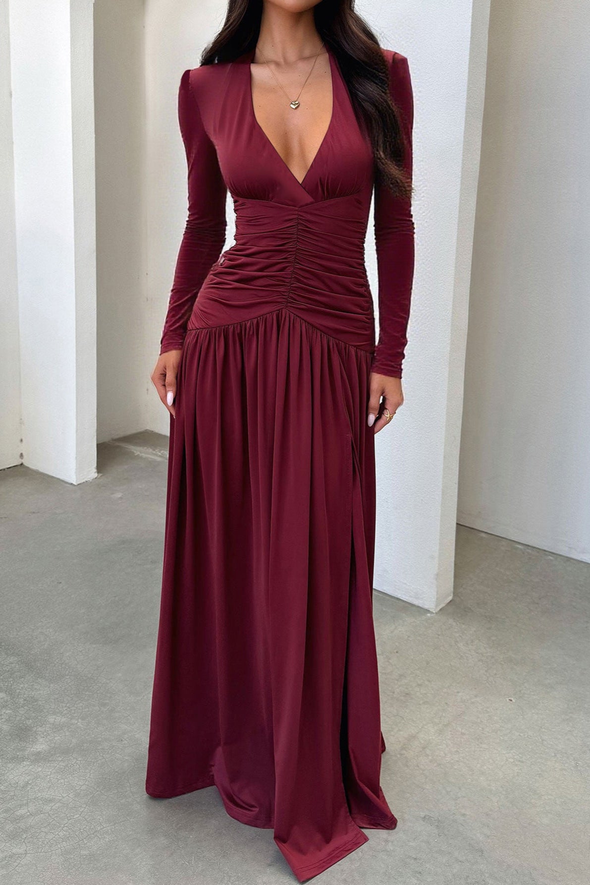 red Deep V Long Sleeve maxi Dress