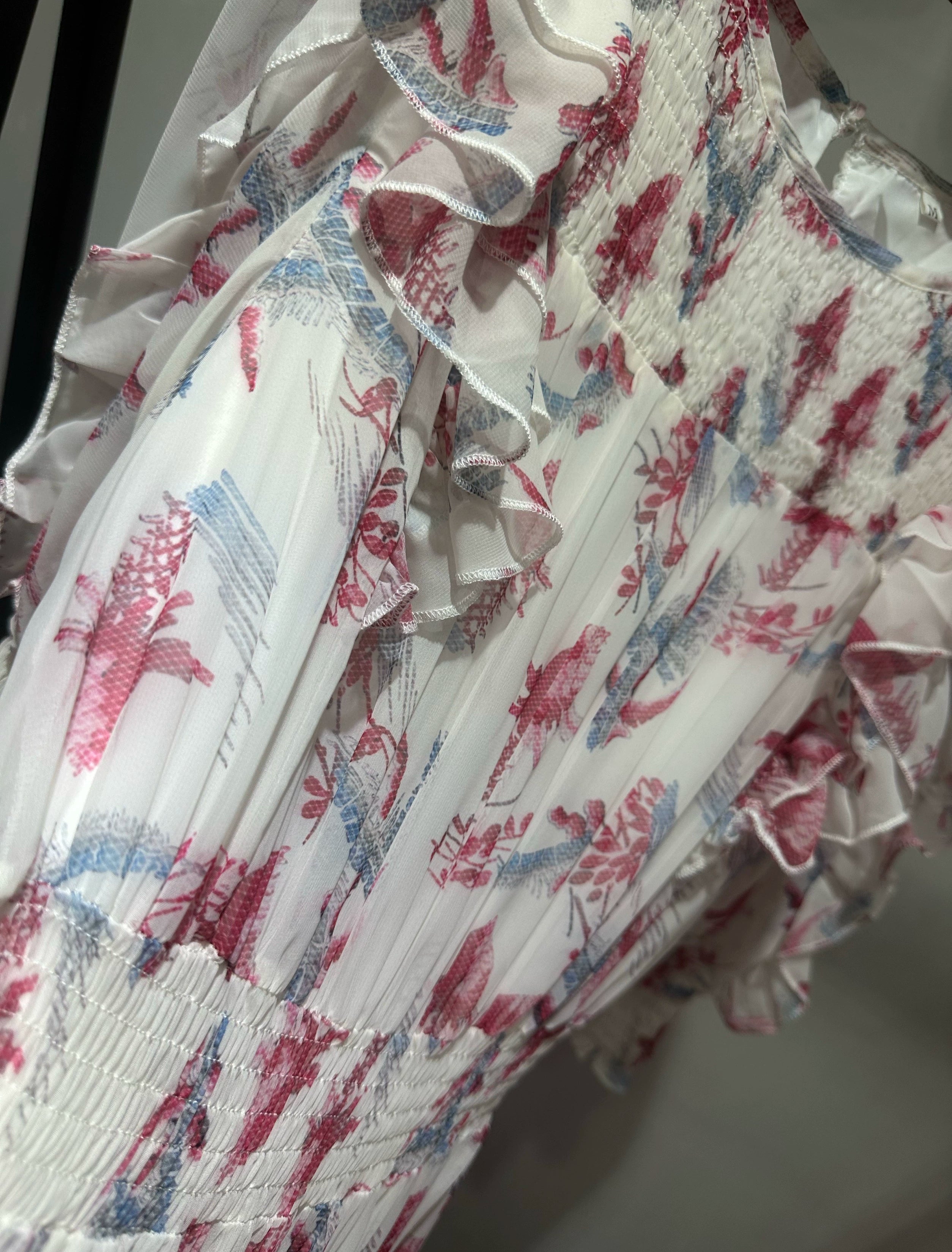 pink ruffled elastic midi dress