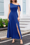 blue Slanted Shoulder Strap Slit Dress