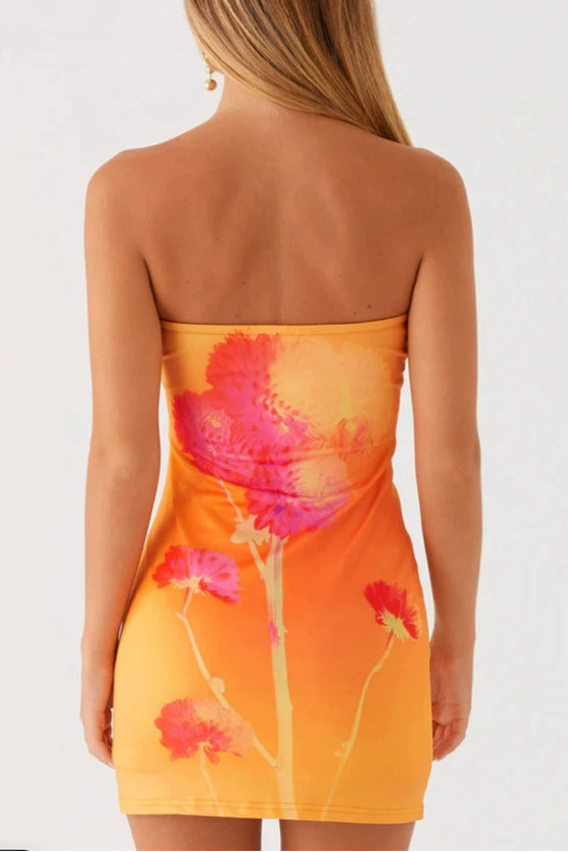 orange flower bandeau min dress