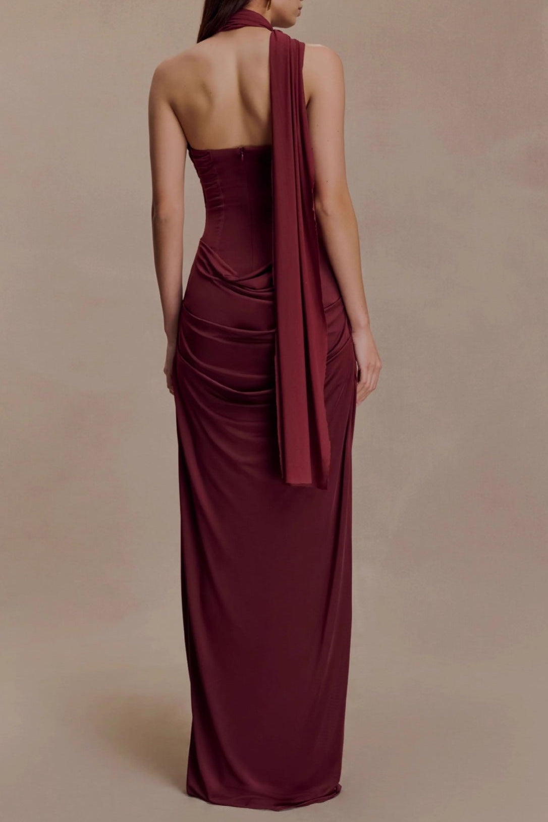 red bandeau sloping shoulder maxi dress