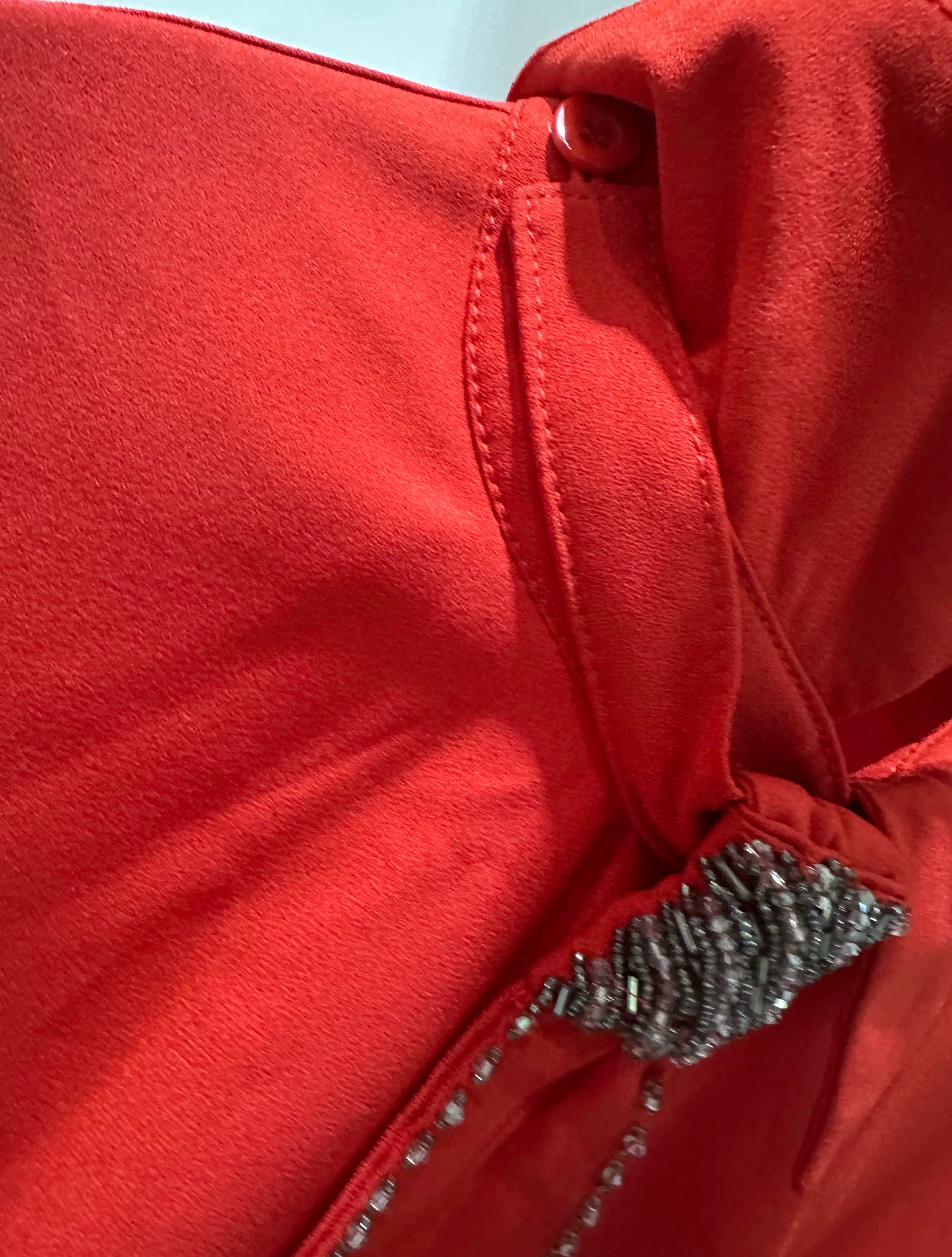 red beaded tie hip wrap long sleeve mini dress