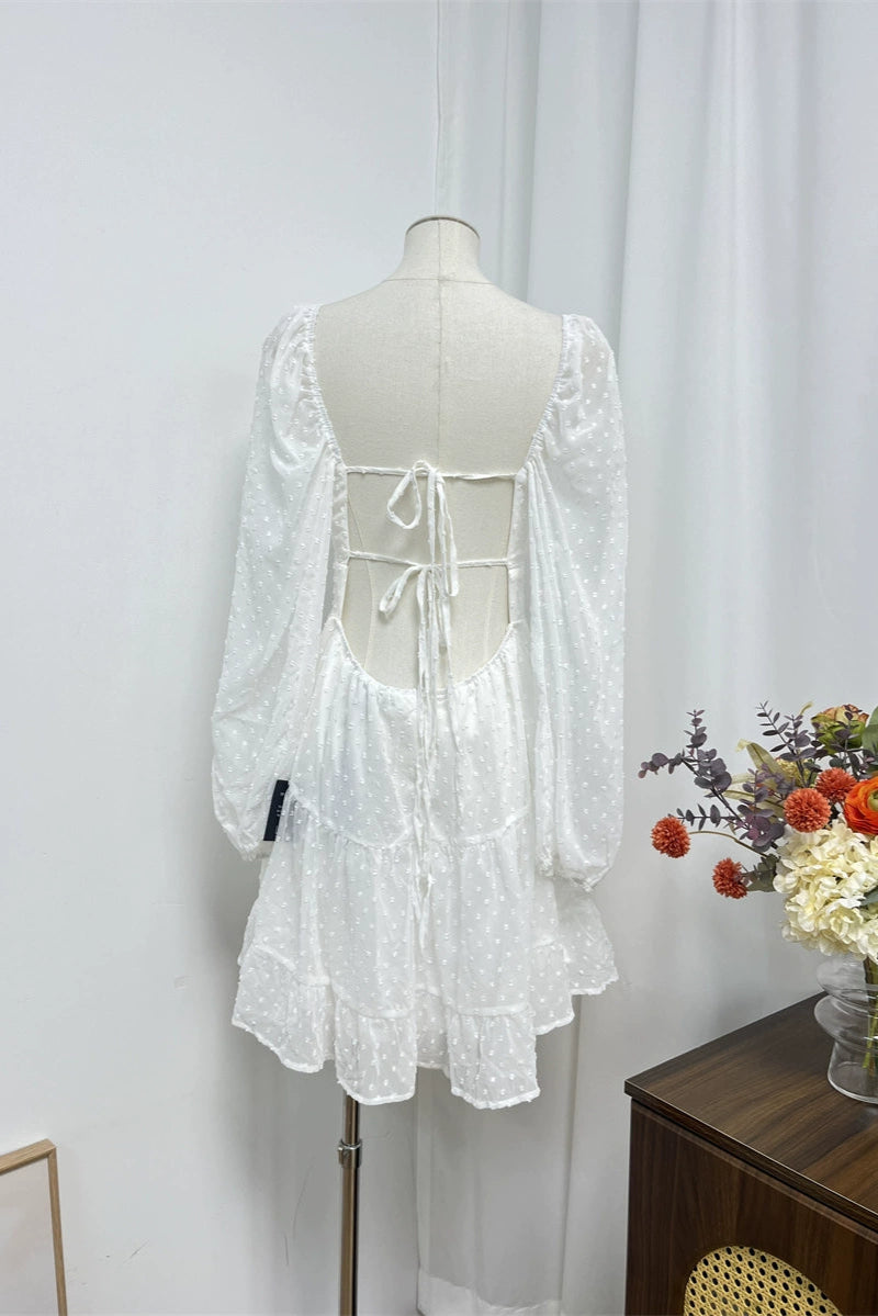 jacquard polka dot chiffon long sleeves open back dress