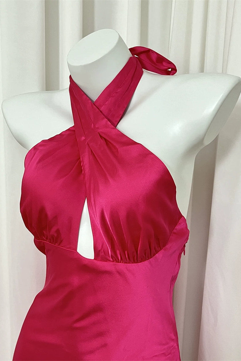 open back waist crossed halterneck satin dress