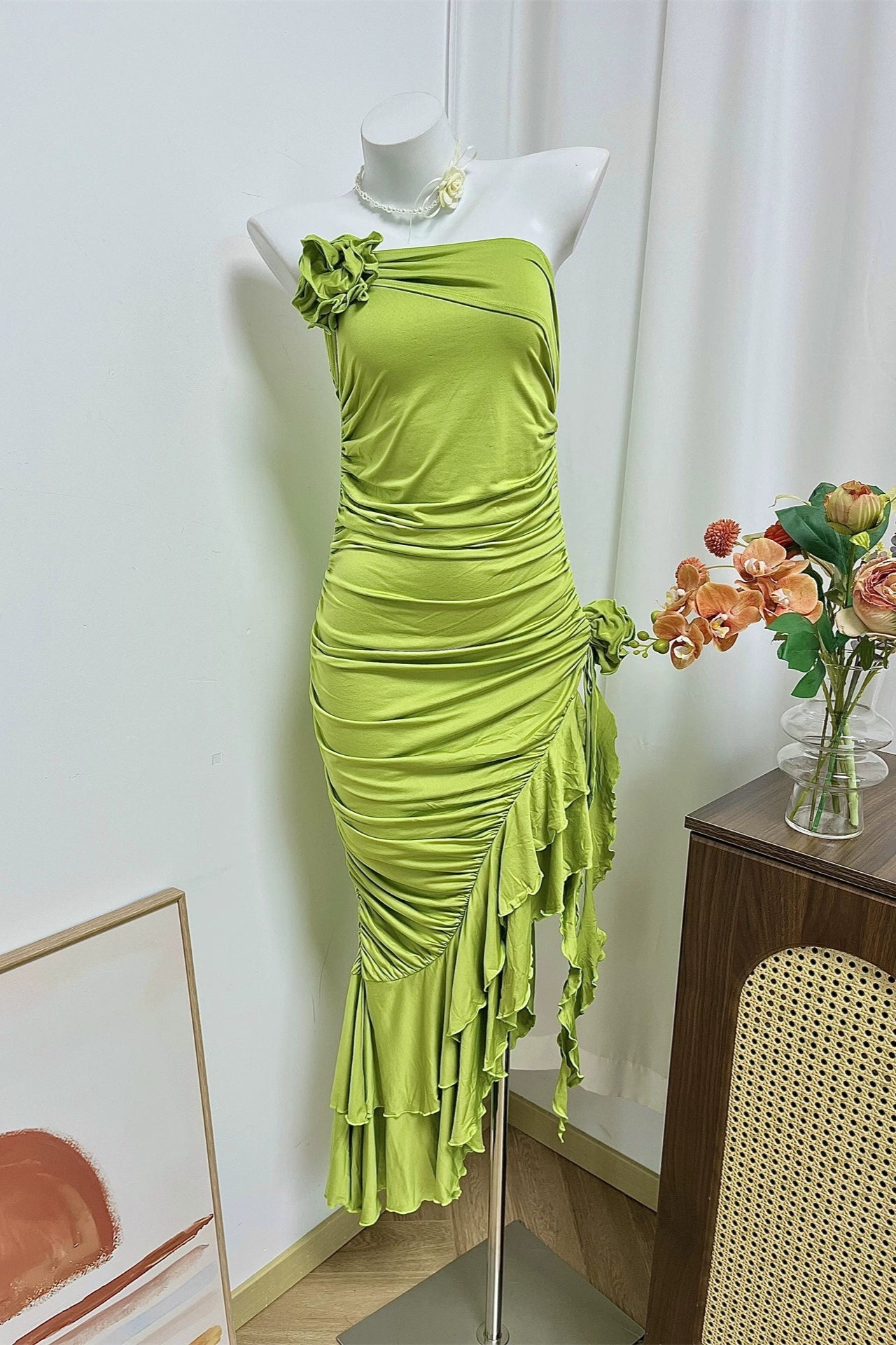 green flower side slit ruffled dress