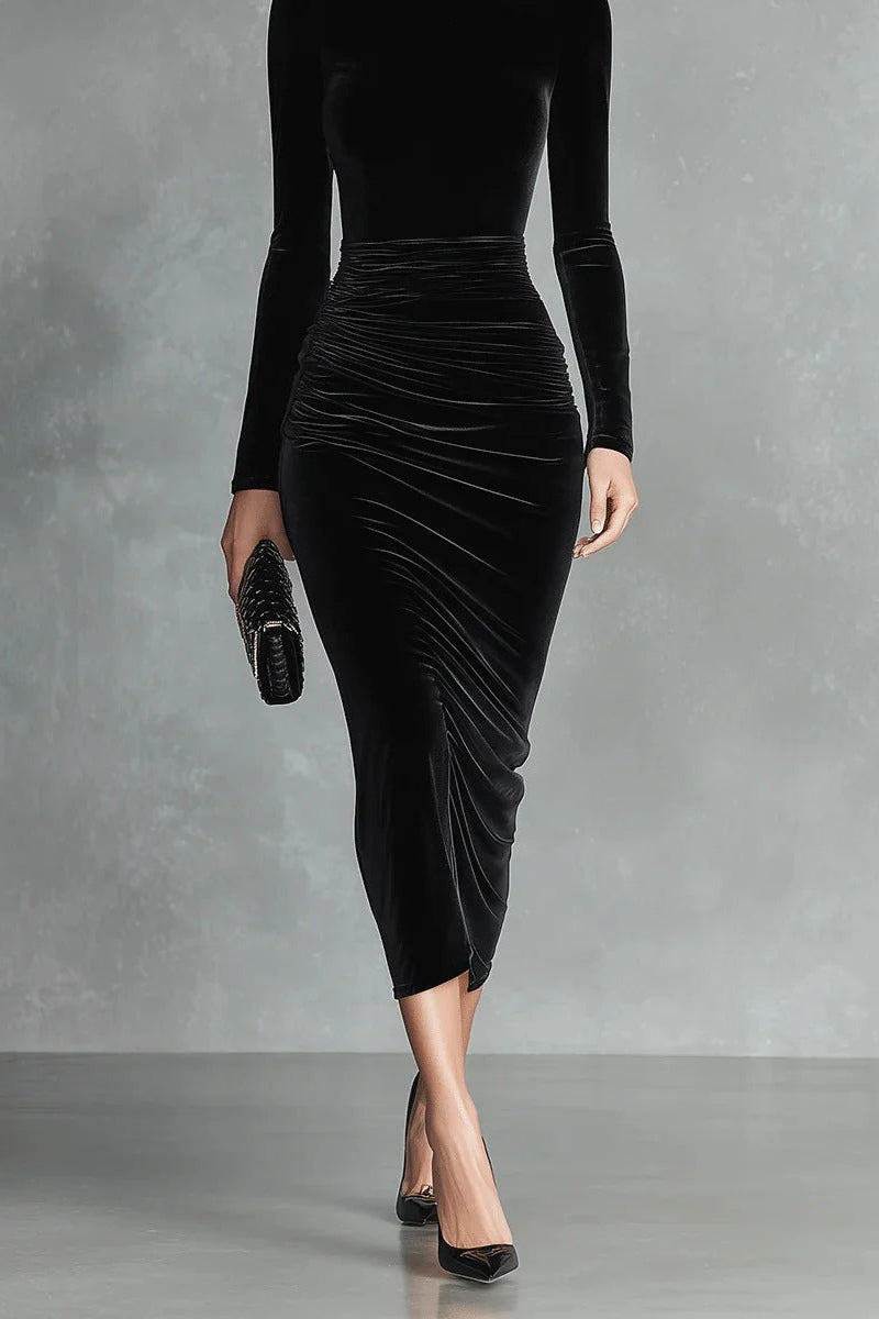 black long sleeve turtleneck hip gold velvet maxi dress