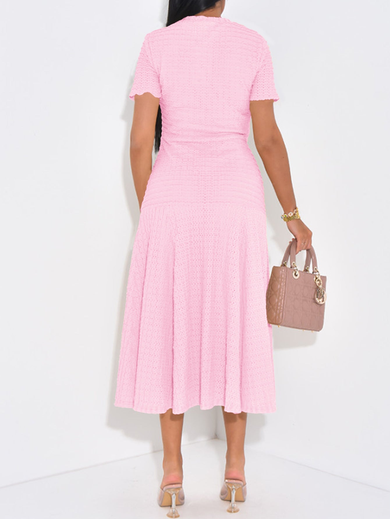 pink buttons short sleeves maxi dress