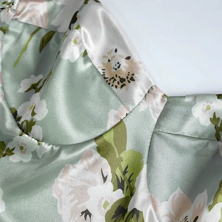 green satin print resort dress