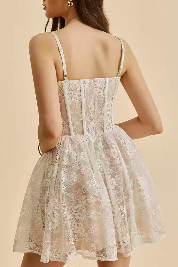 white lace fluffy mini dress