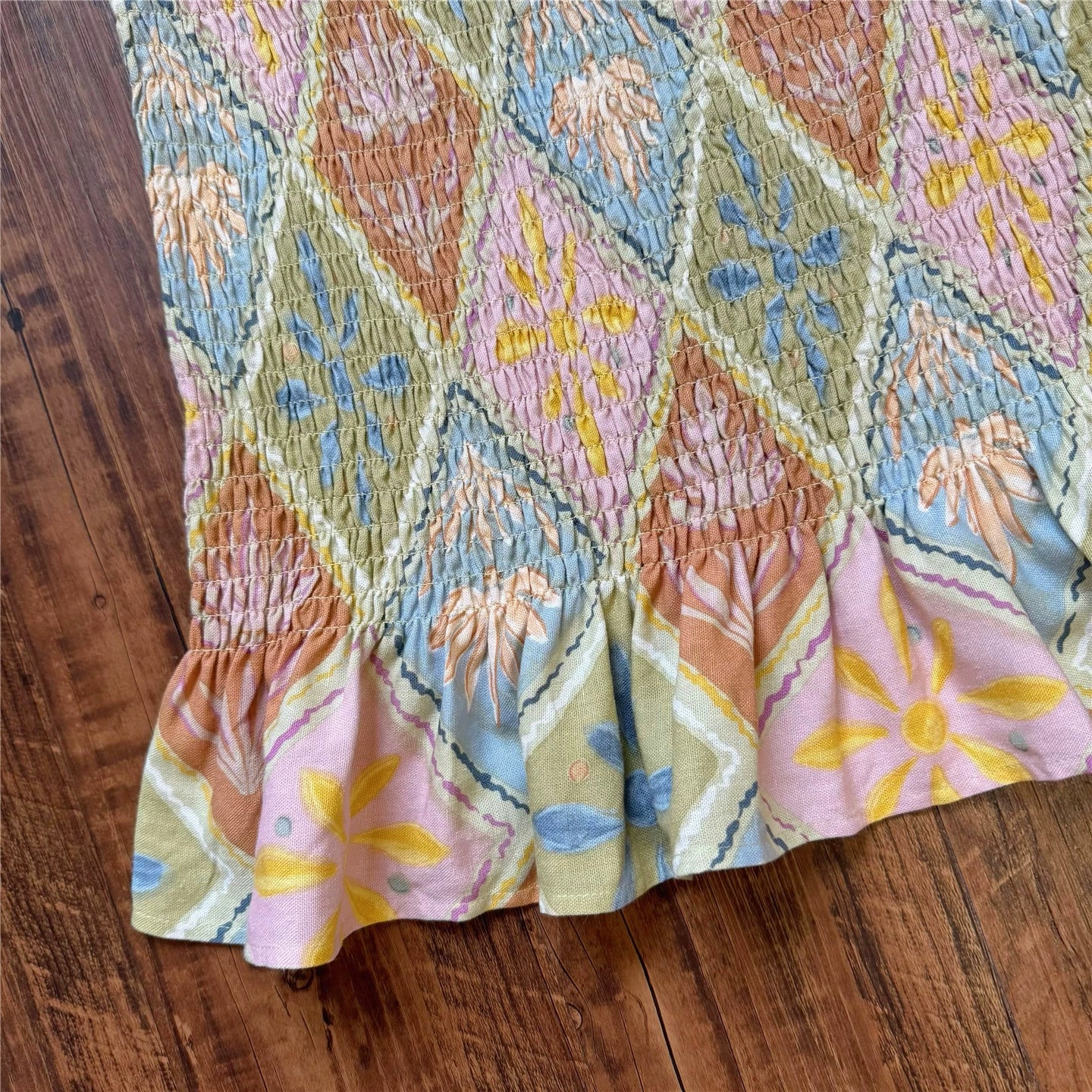 diamond plaid floral pleated elastic hip hugging linen skirt