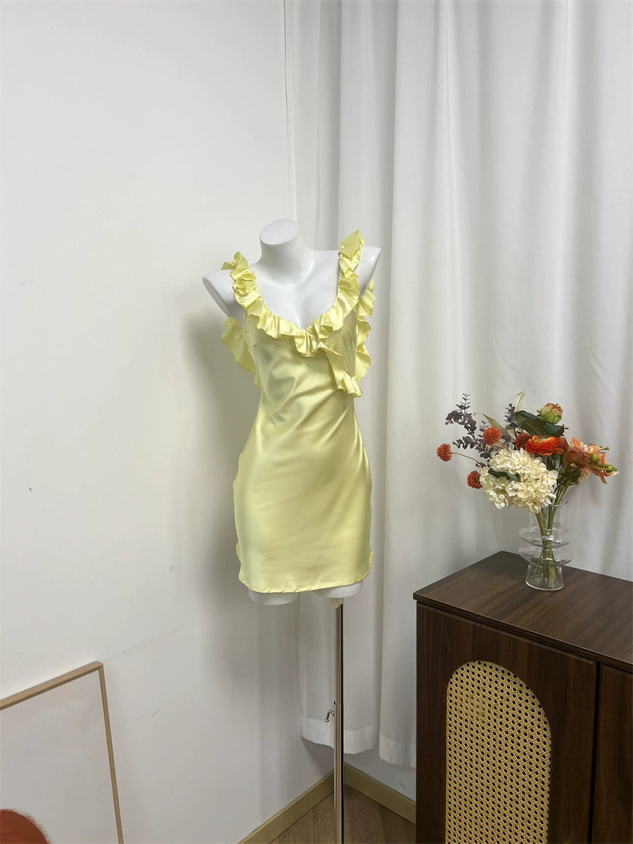yellow Satin Ruffled V-Neck Backless Slip Dress