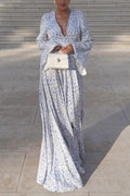 blue printed long sleeve backless maxi dress