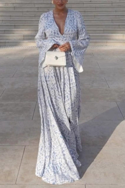 blue printed long sleeve backless maxi dress