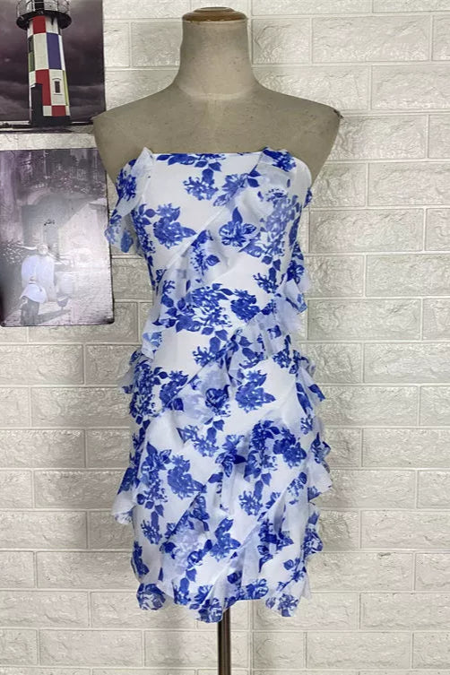blue bandeau ruffled  wrap mini dress