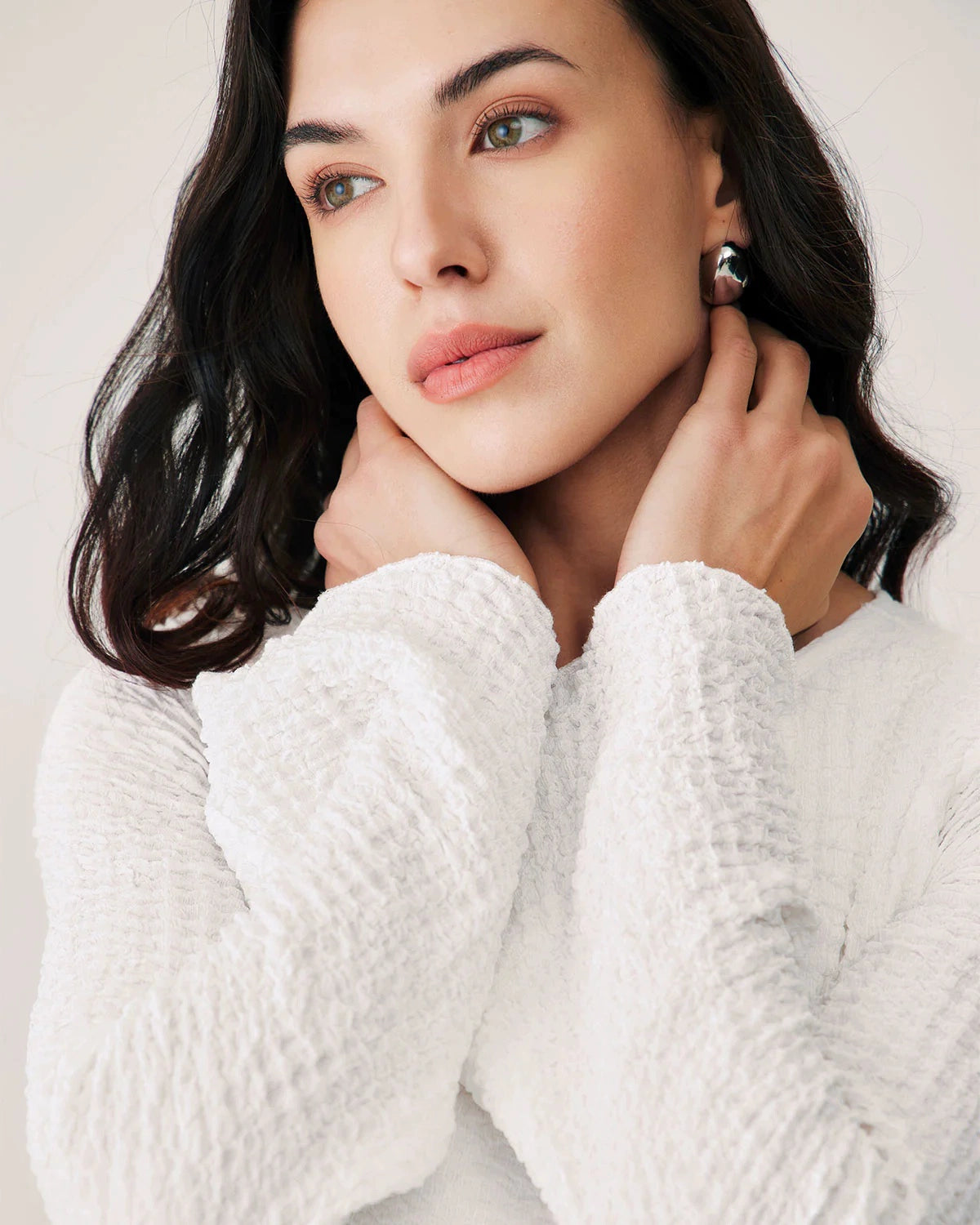 white textured pleated waist long sleeve dress