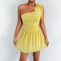yellow One-shoulder fitted waist A-line mini dress