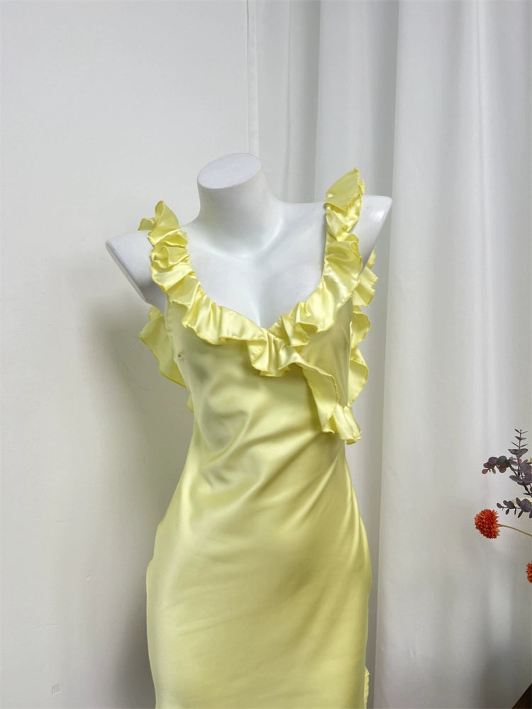 yellow Satin Ruffled V-Neck Backless Slip Dress