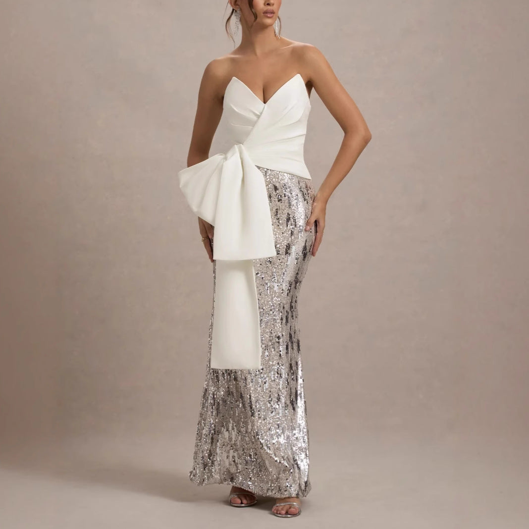 whtie V-neck strapless maxi dress