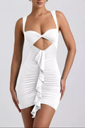 white Pleated ribbon cutout bodycon mini dress