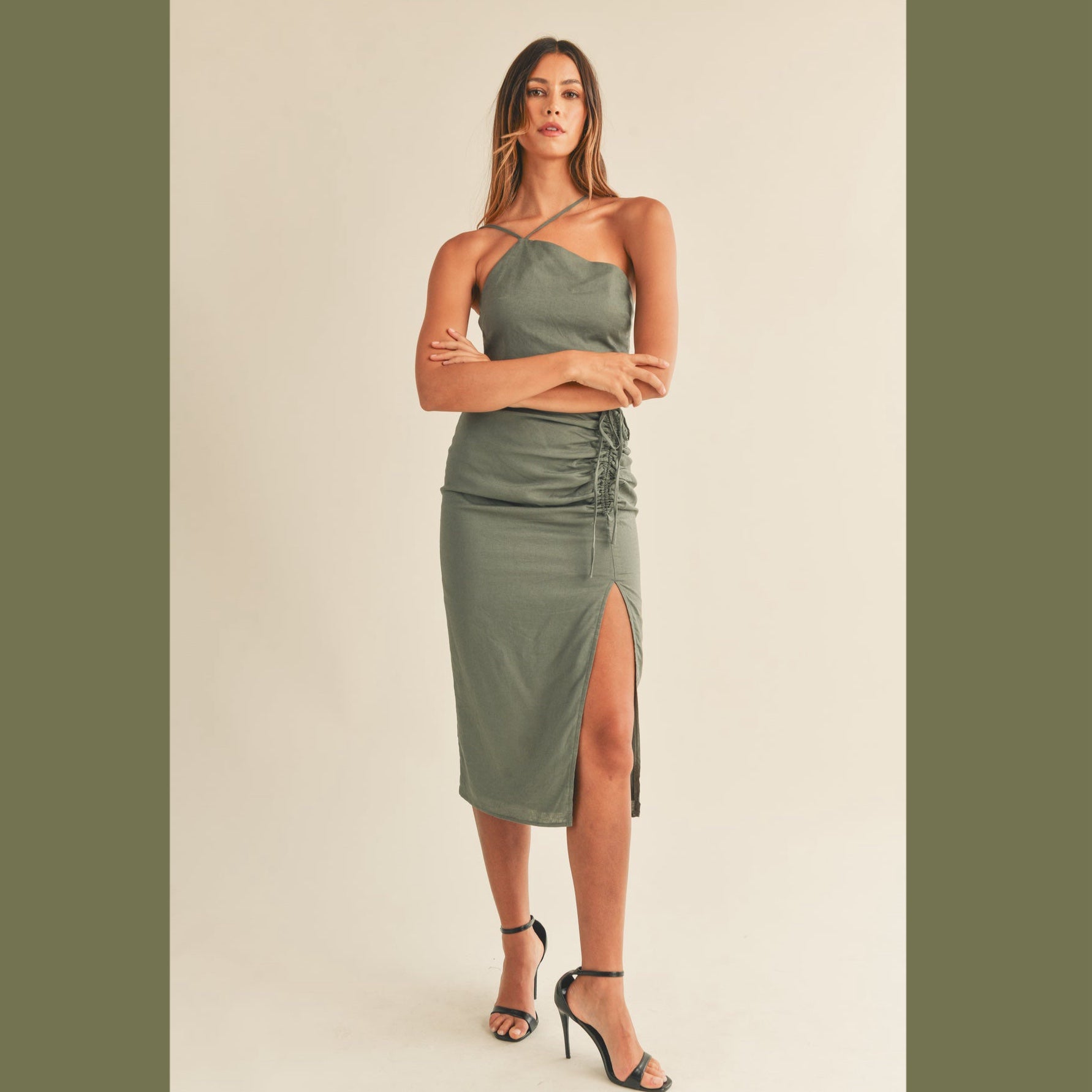 one-shoulder side open waist pleated midi dress