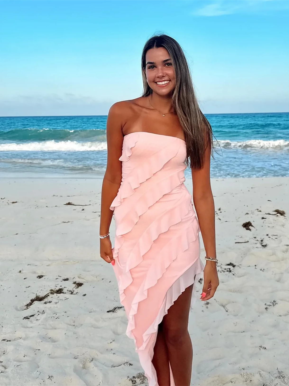 pink multi-layer mesh side wavy bandeau dress