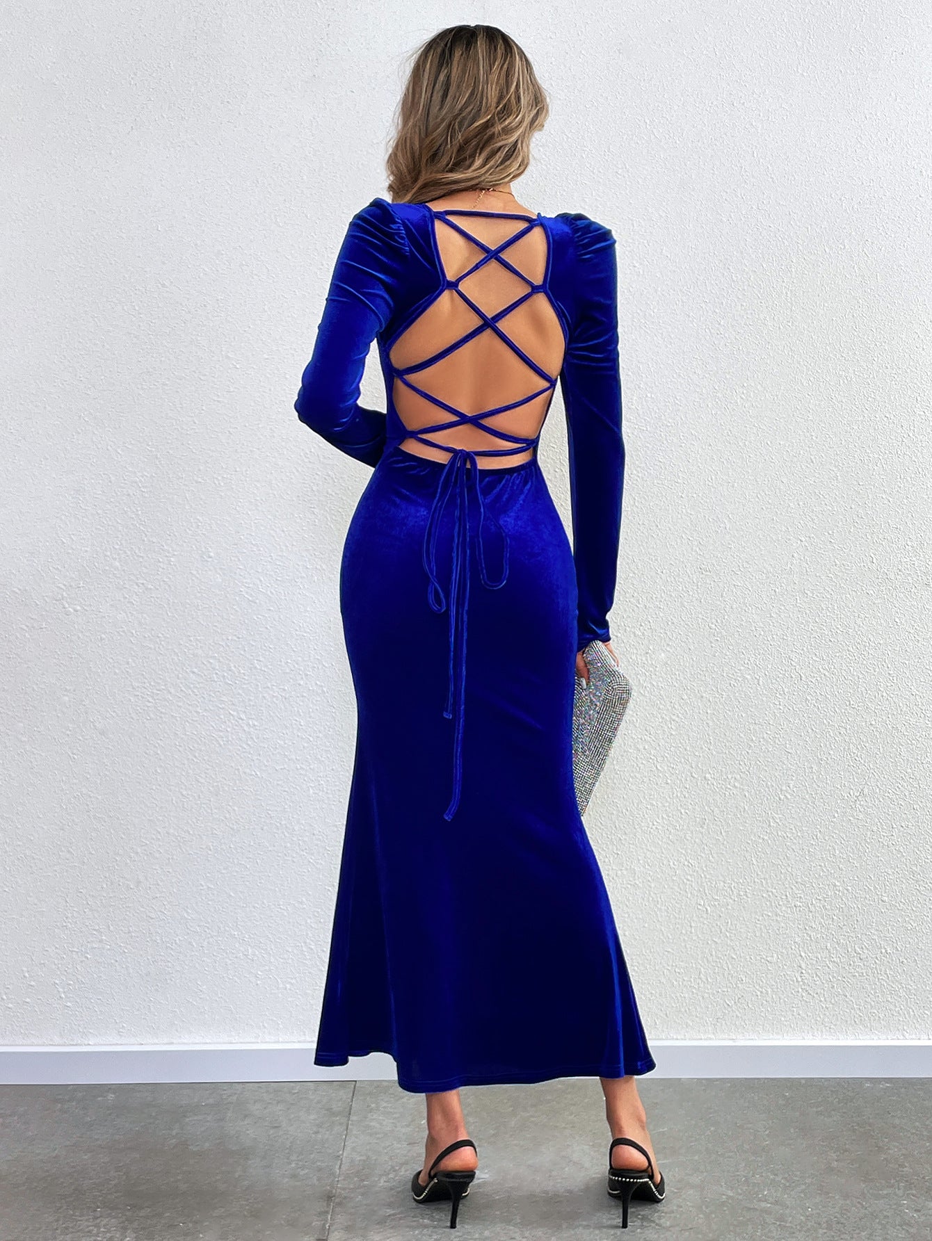 blue Bodycon Long-Sleeved Velvet Fishtail Maxi Dress