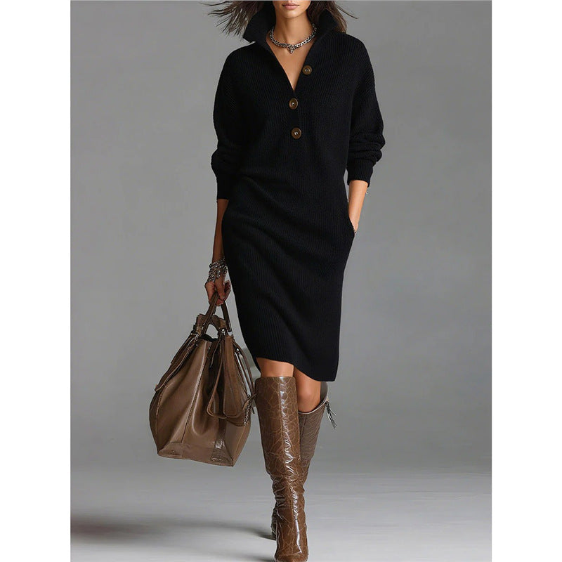 Button-down collar straight knit sweater midi dress