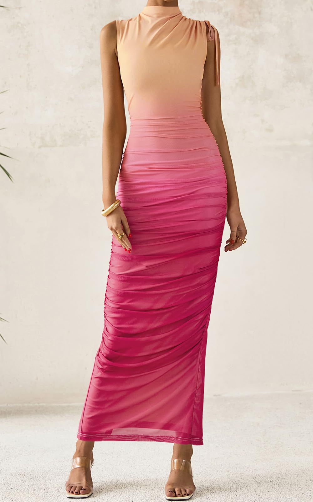 pink Mesh flowers sleeveless crew neck dress