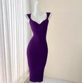 purple sleeveless knitted base V-neck midi dress