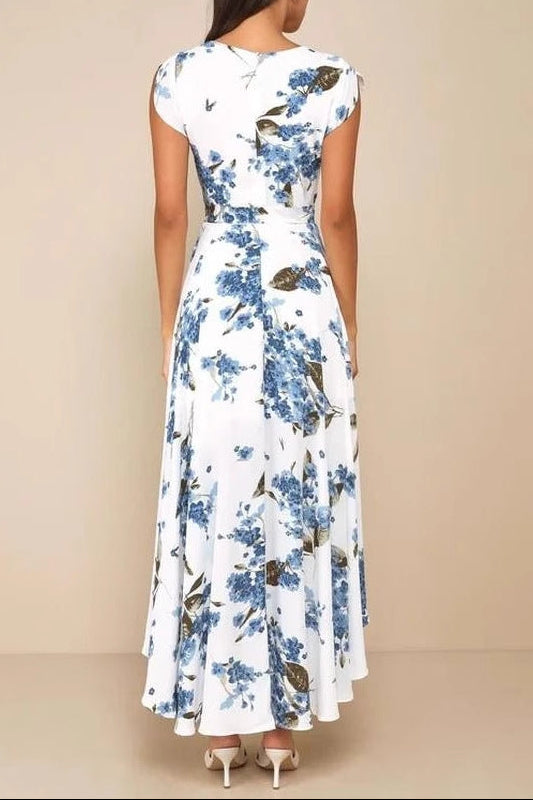 short sleeve V-neck print irregular maxi dress