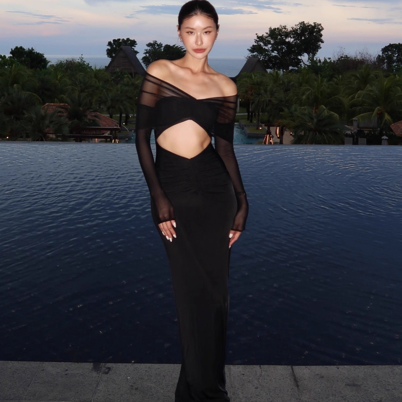 black openwork spliced mesh long sleeve dress