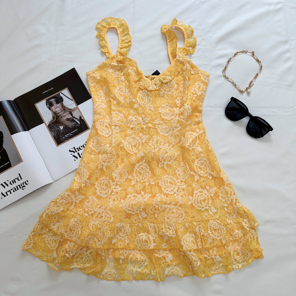 yellow suspender mini dress
