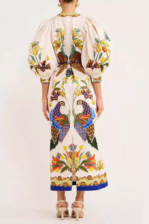 Printed peacock three-quarter sleeve round neck dress