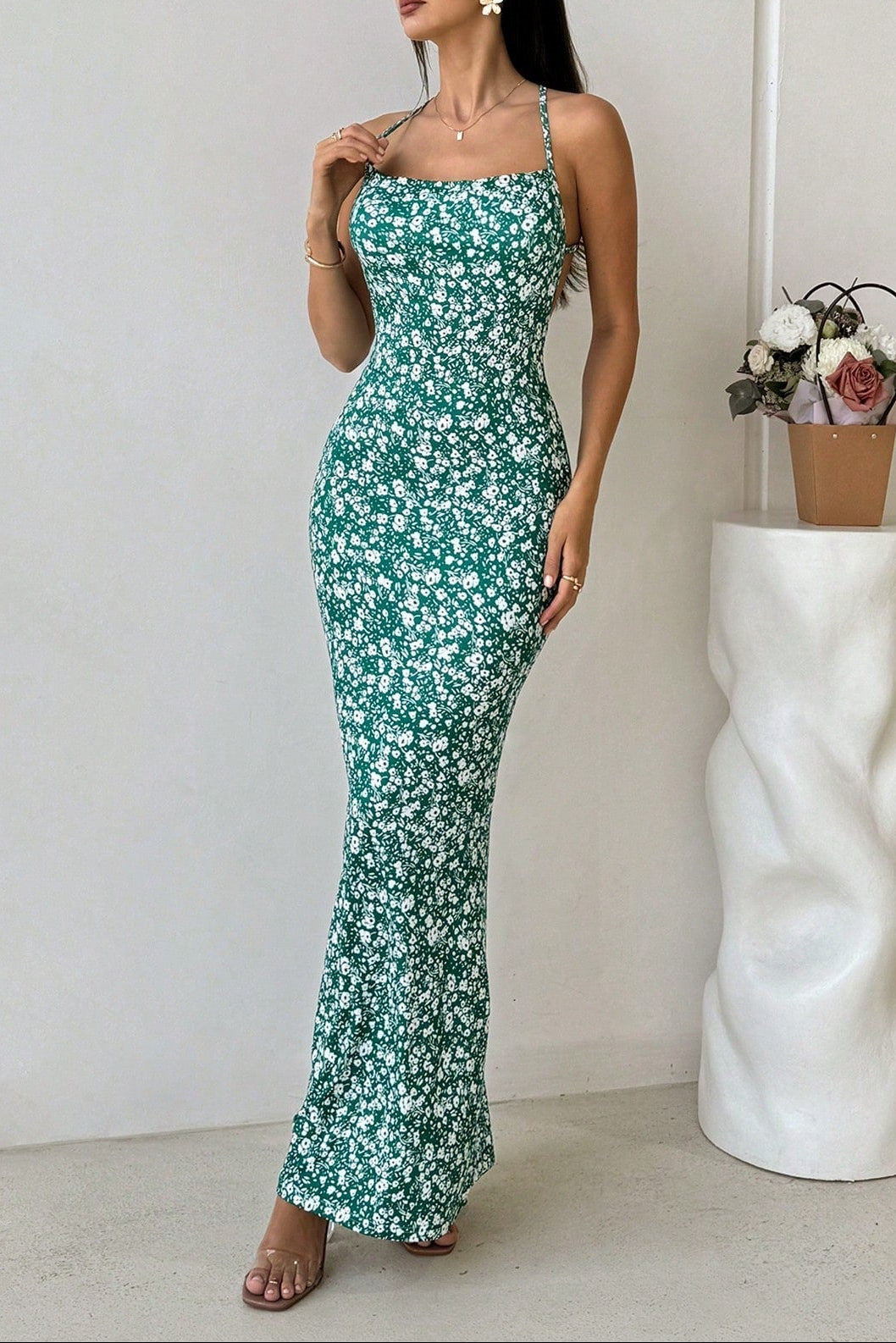 maria green Backless fishtail floral print maxi dress