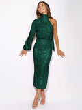 green Sequined slit one-shoulder fitted sequined dress