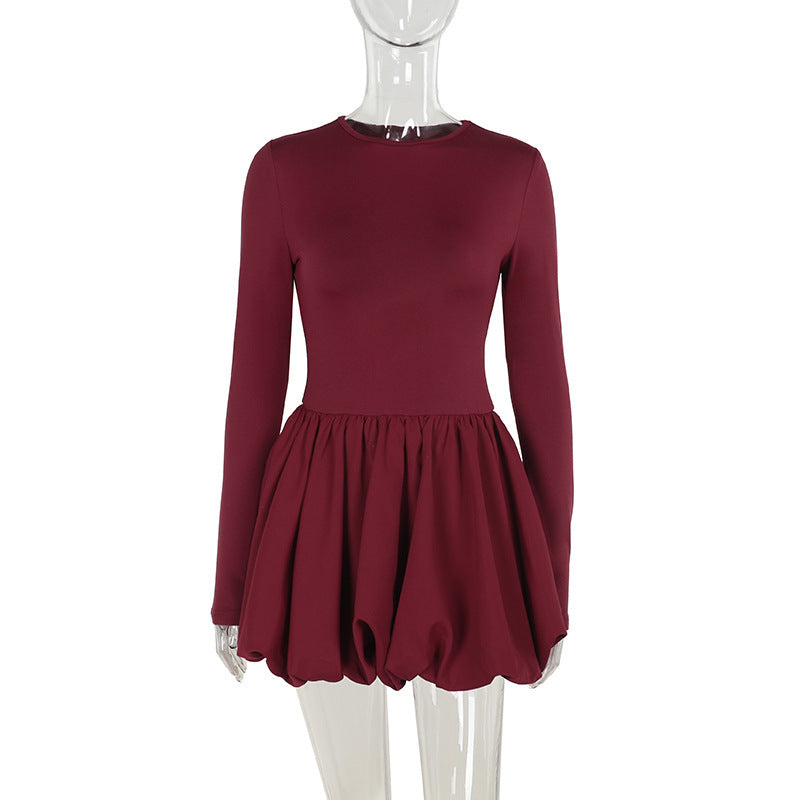 red Flower bud backless long-sleeved mini dress