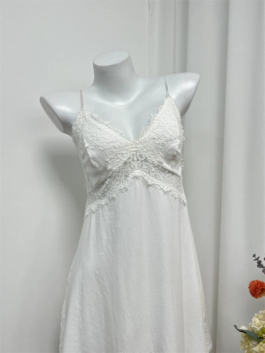 slip embroidery hollow V-neck lace dress