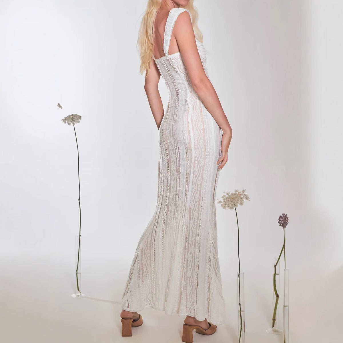 Spaghetti strap lace off-shoulder maxi dress