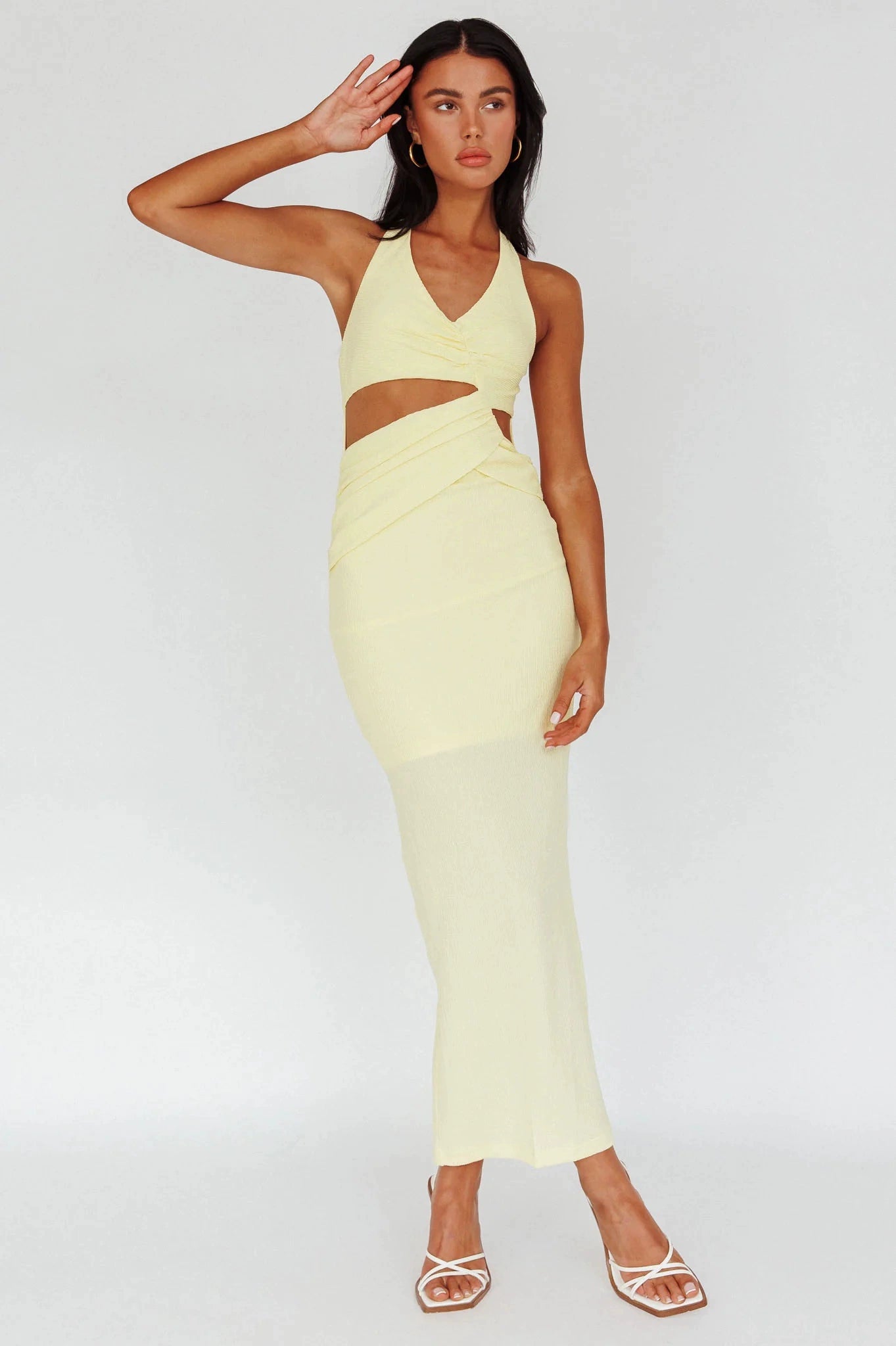 yellow hollow halterneck textured dress