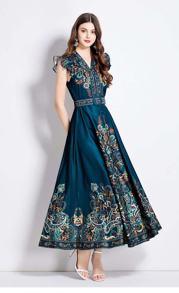 Printed V-neck lantern sleeve single-breasted dress