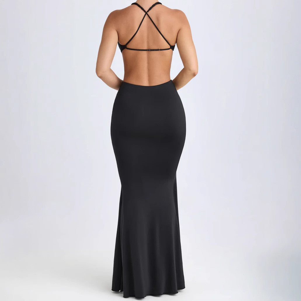 Hollow-out backless deep V-neck dress