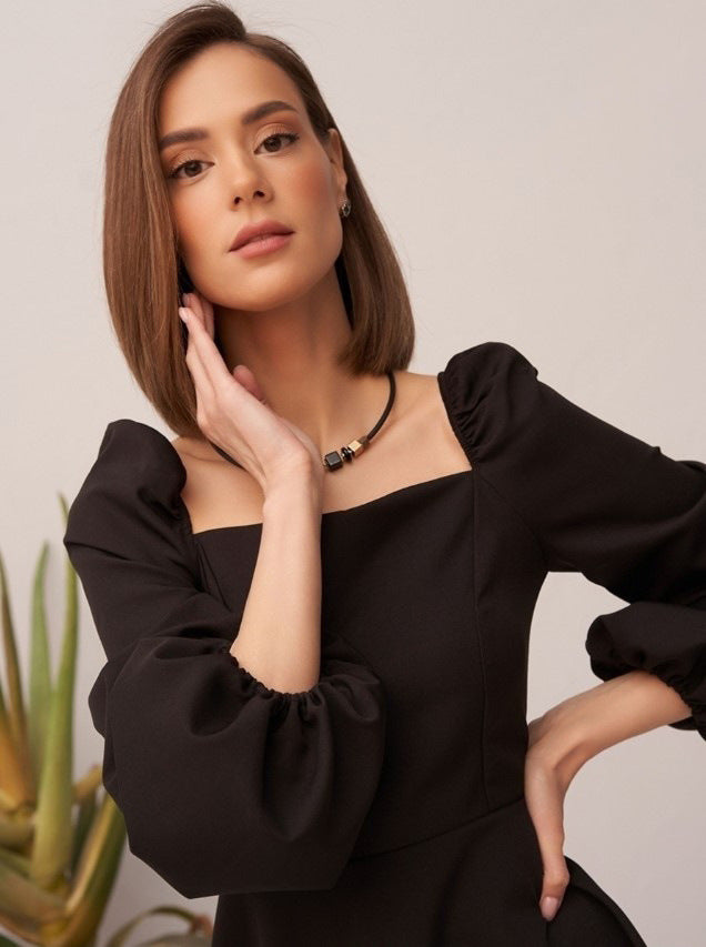 black square neckline puff sleeve mini dress