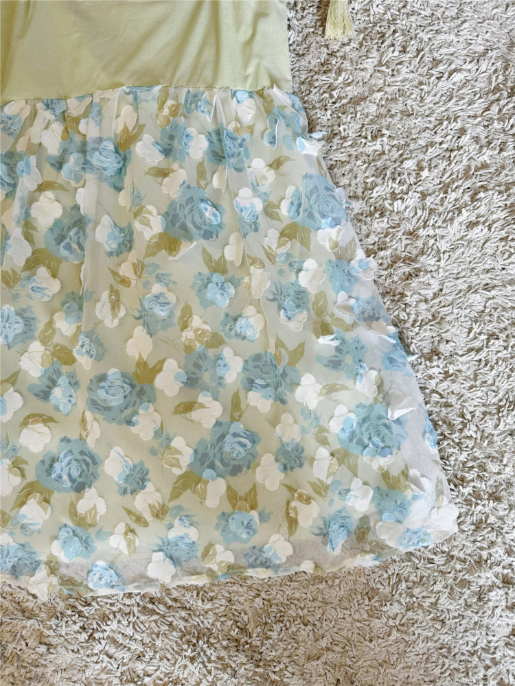 flower mesh bow tassel lace-up light green dress
