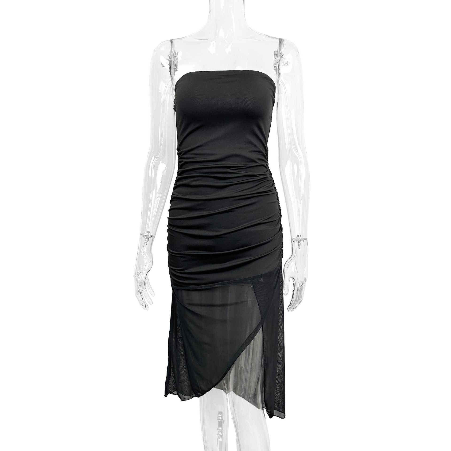 Strapless backless fitted mesh asymmetrical dress