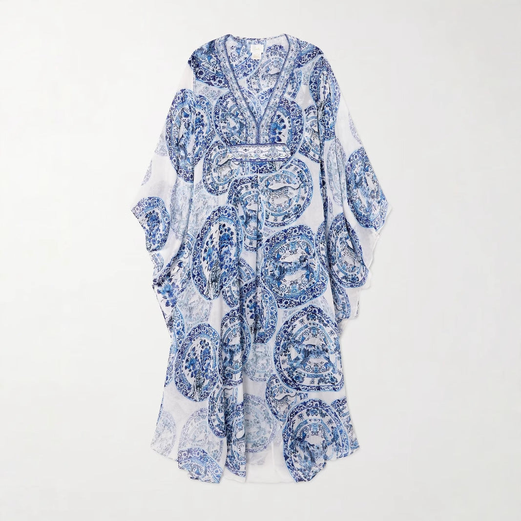 Blue and white porcelain print V-neck dress