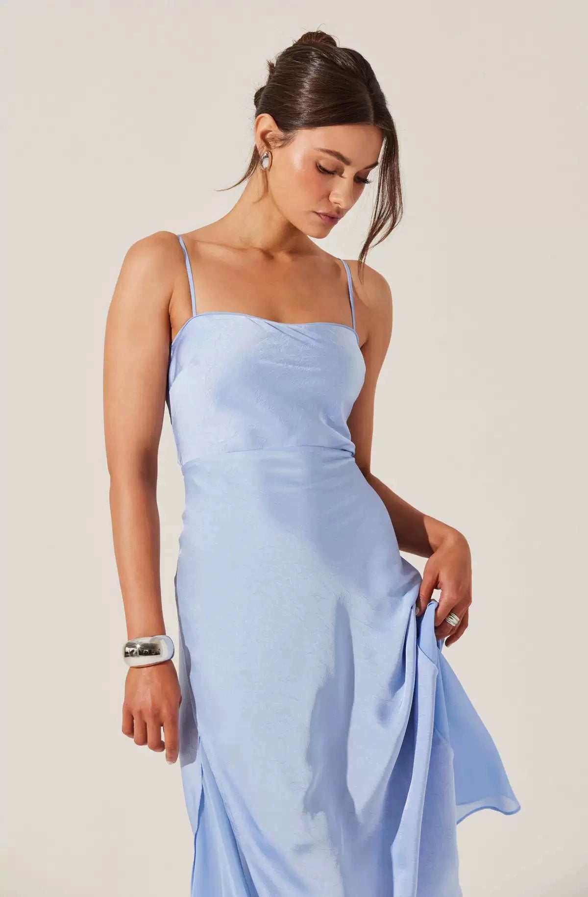 light blue satin panelled large slip dress
